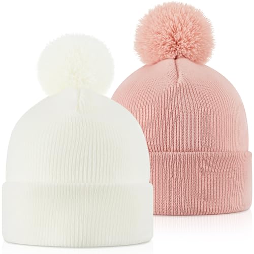 Geyoga 2 Pcs Pom Beanie Hat Men Women Winter Hat Pom Knit Cap Beanies with Ball at Top Acrylic Winter Cap with Cuff - color: Cinnamon Powder, White, style: Classical