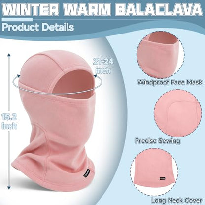 Balaclava Ski Mask for Men Women, Warm Fleece Face Mask Full Cover for Cold Weather Skiing Cycling, Ponytail Friendly - color: Pink