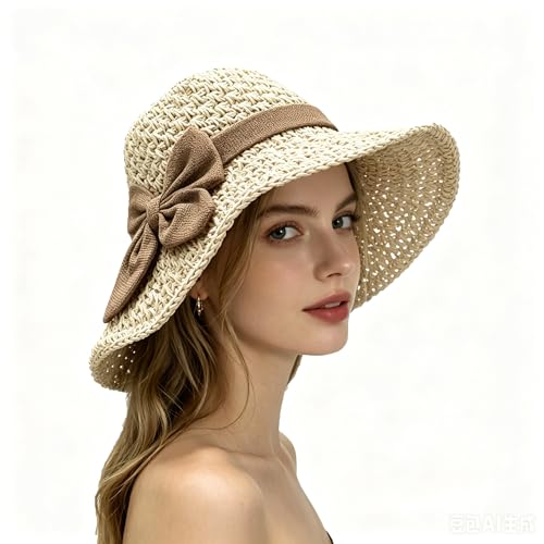 PURFUN Women Vintage Bowknot Straw Hats Flower Shape Cloche Hat Anti-UV Floppy Sun Hats Bucket Hat Roll Up Travel Beach Caps - color: Bowknot/Beige