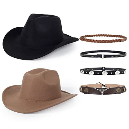 2 Pack Western Cowboy Hats for Women Men 2 Different hat Bands - color: Black+khaki