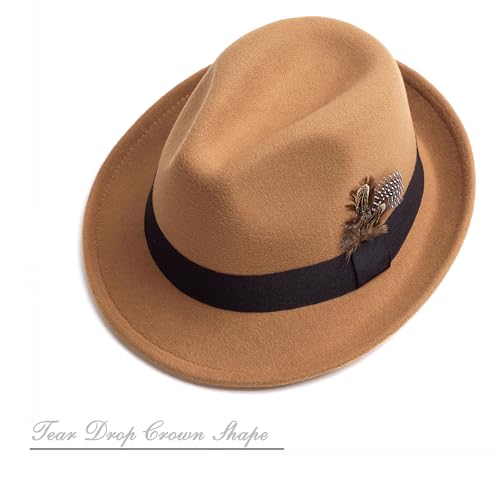 Short Brim Fedora Hat for Men Women Felt Trilby with Feather - color: Camel