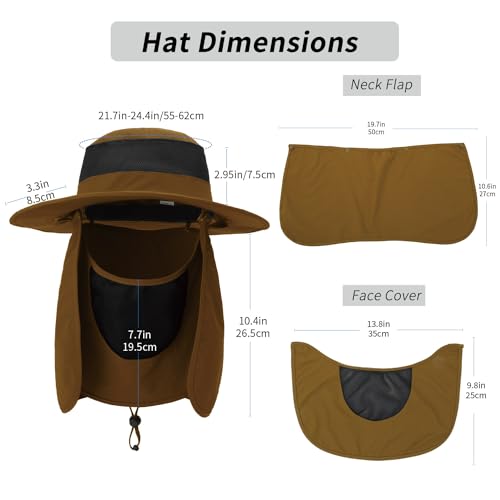 Outdoor Sun Hat UPF 50 Protection Waterproof Fishing hat Face Cover Summer Neck Flap Hat - color: Caramel