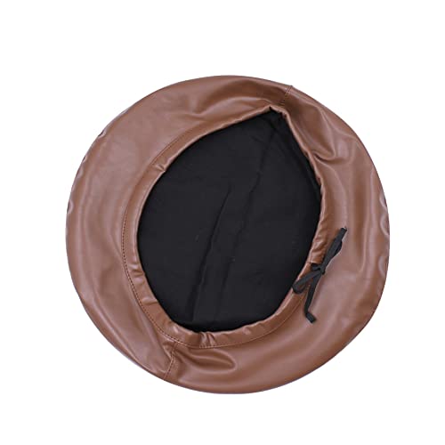 MINGSEECESS Women PU Leather French Black Beret Hat Causal Beanie Hat - color: Bright-brown