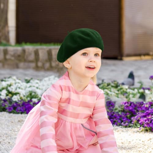 Wheebo Berets for Kids Wool French Beret Hats Artist Painter Hats for Little Girls Boys Solid Color Style - color: Dark Green