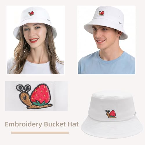 ZLYC Cotton Bucket Hat for Women Men Embroidered Packable Summer Sun Cap - color: Snail Strawberry White