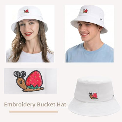 ZLYC Cotton Bucket Hat for Women Men Embroidered Packable Summer Sun Cap - color: Snail Strawberry White