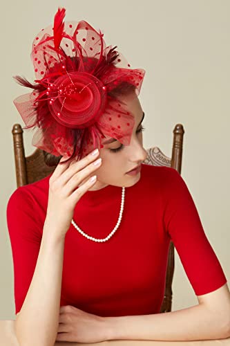 BABEYOND Fascinators Hats for Women Tea Party Flower Tulle Bead Derby Hat - color: Red