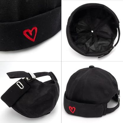 Men Docker Cap Brimless Skullcap Sailor Cap Rolled Cuff Retro Beanie Hat with Adjustable - color: Heart Black