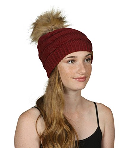 Gravity Threads Cable Knit Faux Fur Pom Pom Beanie Hat - color: Burgundy