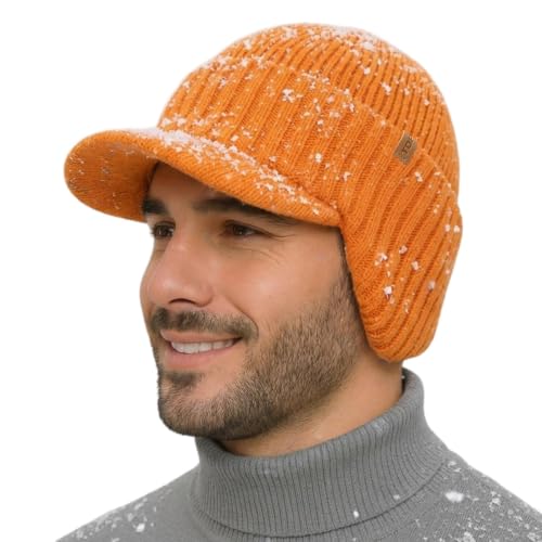 TOP-EX DryKnit™ 80% Merino Wool Waterproof Warm Brim Beanie with Ear Flaps - color: Orange, size: Medium