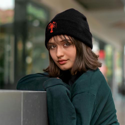 Black Beanie Hat for Men Women Embroidered Knit Winter Beanies Cap - color: Crawfish