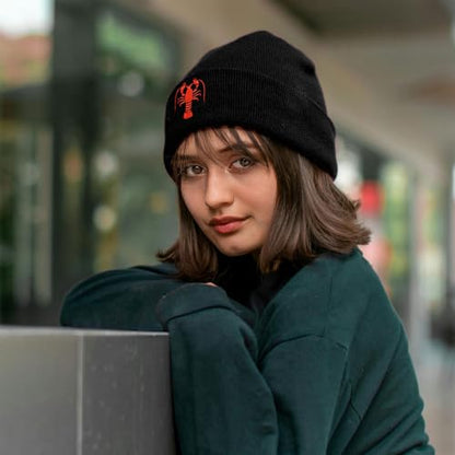 Black Beanie Hat for Men Women Embroidered Knit Winter Beanies Cap - color: Crawfish
