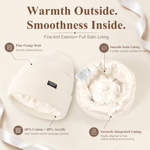 Satin Lined Winter Beanie Hats for Women Men Cotton Knitted Cuffed Knit Hat - color: White
