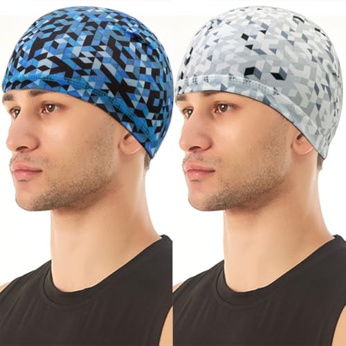 4 Pieces Skull Caps Running Cycling Beanie Hats Breathable Helmet Liner Sleep Hats for Men Women - color: G: Grey White Square+blue Square+black+army Green