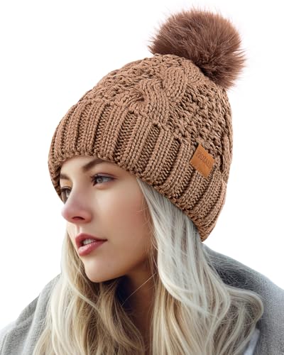 Women's Winter Pompom Beanie Warm and Cozy Knit Hat Fleece Lining Skull Cap for Women - color: Khaki