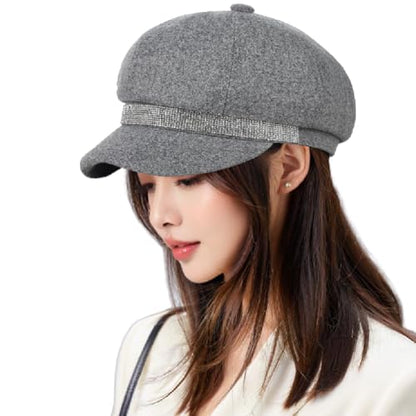 Women Rhinestone Hat Band Newsboy Hat Cabbie Baker boy Hat Beret Cap - color: Grey