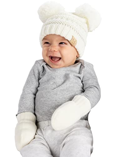 Funky Junque Baby Double Faux Fur Pom Pom Beanie & Mittens Set – Newborn Infant 0–9 Months Winter Hat with Soft Lined Mittens - color: Ivory (0-9 Months)