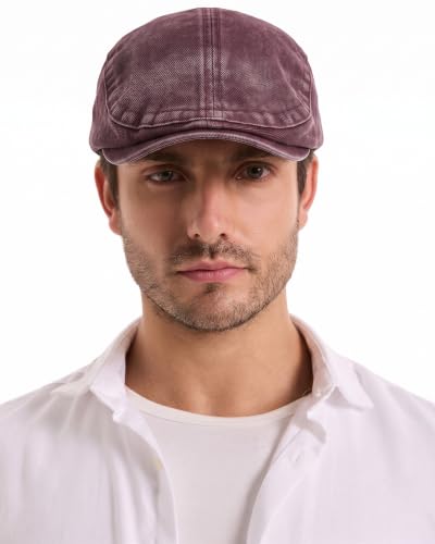 ZLYC Men Cotton Flat Cap Summer Scally Newsboy Beret Driver Hat - color: Washed Burgundy