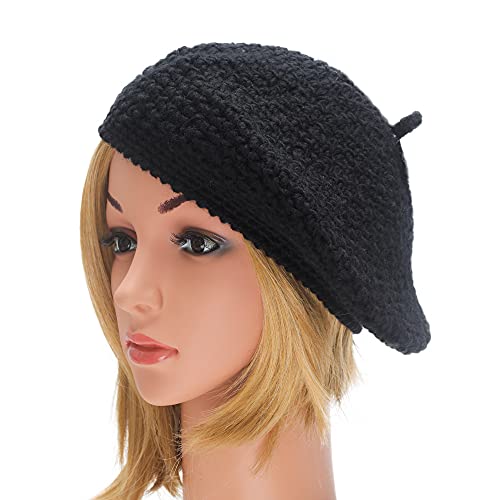 ZLYC Women French Beret Hat Winter Knitted Stretchable Beret Artist Cap - color: Solid Black