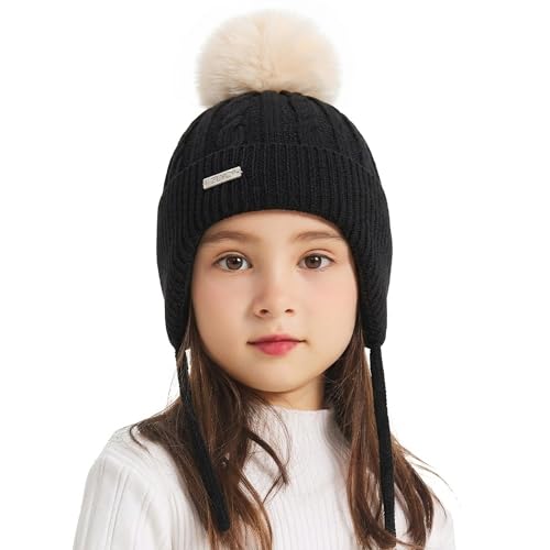 ZLYC Kids Girls Boy Winter Hat Cotton Lined Pom Pom Beanie Earflap Knit Cap - color: Solid Black