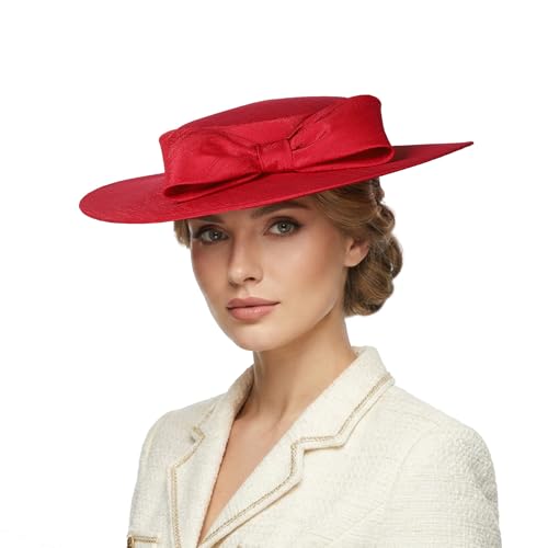 Fascinators Women Wide Brim 20s 50s Derby Pillbox Hat Bowknot Cocktail Tea Party Church Dress Hats - color: Wine Red