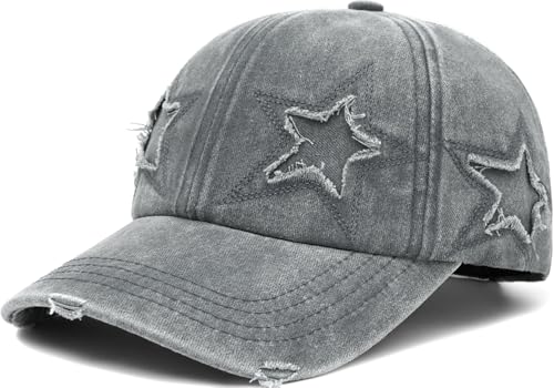 Retro Washed Distressed Baseball Cap with Five Pointed Stars for Women Men - color: Grey