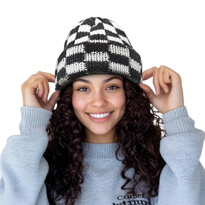 CLAPE Womens Cute Slouchy Beanies Hats, Winter Warm Chunky Checkered Beanie Large Cuff Knitted Hat Ski Cap for Cold Weather - color: Kh56-black-white