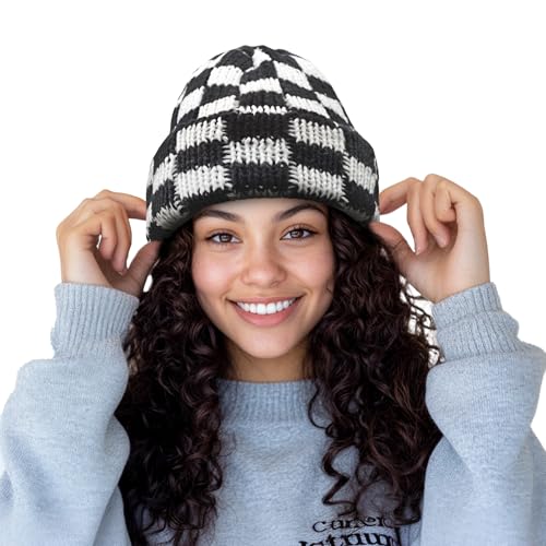 CLAPE Womens Cute Slouchy Beanies Hats, Winter Warm Chunky Checkered Beanie Large Cuff Knitted Hat Ski Cap for Cold Weather - color: Kh56-black-white