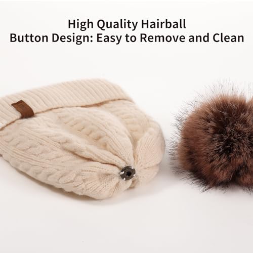 Winter Hat Scarf Gloves Set for Women, Classic Cable Beanie with Removable Pom Pom Long Scarf Touchscreen Gloves 3 in 1 Set - color: Beige