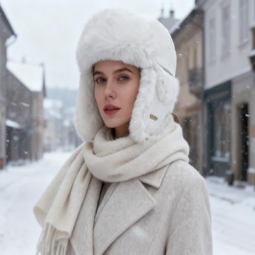 Trapper Hat for Men Women Faux Fur Aviator Russian Ushanka Hat Winter Hunting Hats with Ear Flaps Fur Tropper Bomber Ski Hats - color: White, size: Small-Medium