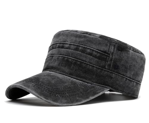 Military Cadet Army Cap for Men Women-Washed Cotton Vintage Adjustable Flat Top Baseball Hat - color: Retro Black