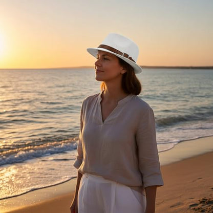 Straw Fedora Hat for Men Panama Hat Short Brim Summer Sun Hat - color: A-white