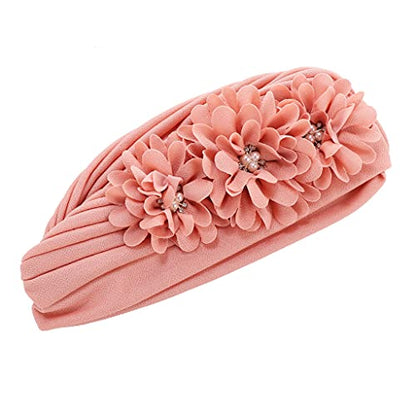 Flower Pre-Tied Turban Beanie, Soft Chemo Cap for Women Cancer Hair Loss - color: Light Pink