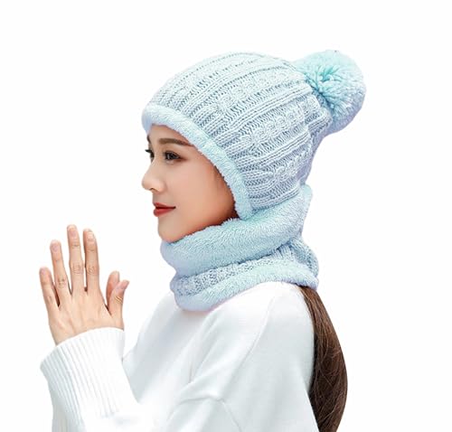HUAMULAN Women Winter Knit Beanie Hats One Piece Fleece Lined Balaclavas - color: Light Blue