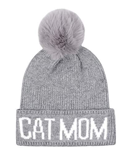 Cat Mom Cat Dad Beanie Collection – Jacquard Pom Pom Hats & Double-Layer Embroidered Beanies for Pet Lovers - color: Grey Hat White Cat Mom Grey Pompom