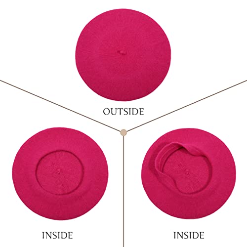 Women French Wool Beret Hats - Solid Color Classic Beanie Winter Cap - color: Rose
