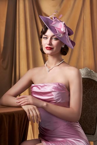 BABEYOND Derby Hats for Women Wide Brim Flower Feather Tea Party Fascinator - color: Light Purple