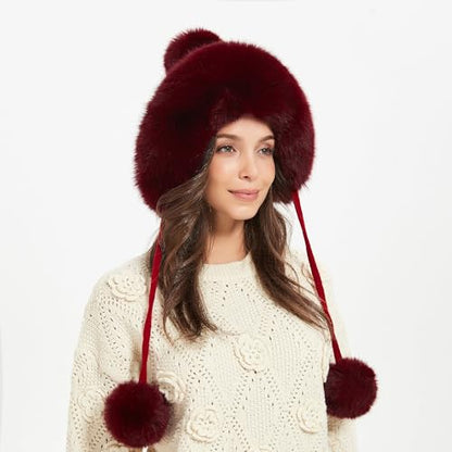 Winter Hats Cute Kint Hat Russian Fur Crochet Hat Slouchy Beanies with Pompom Warm Fuzzy Snow Cap Trapper Hat for Women - color: Wine
