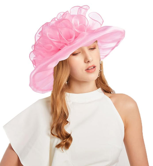 ORIDOOR Women's Organza Cloche Bowler Hat Derby Fascinator for Tea Party Bridal Wedding Hat - color: 013-pink