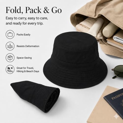 Cotton Bucket Hat Packable Beach Sun Hat for Women Men - color: Black
