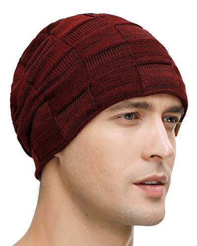 Vgogfly Slouchy Beanie for Men Winter Hats for Guys Cool Beanies Mens Lined Knit Warm Thick Skully Stocking Binie Hat Pairs - color: Light Grey / Wine