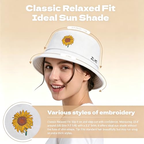 ZLYC Cotton Bucket Hat for Women Men Embroidered Packable Summer Sun Cap - color: Sunflower White