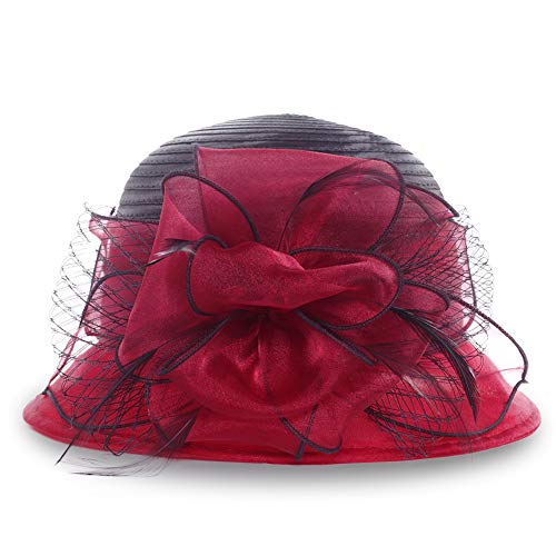 Women Two-Tone Tea Party Dress Bowler Cloche Bucket Derby Church Hat - color: Burgundy