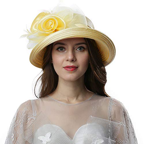 Women Vintage Roll Brim Bowler Cloche Hat for Derby Day, Church, Wedding, Party, Formal Occasion - color: Champagne Gold