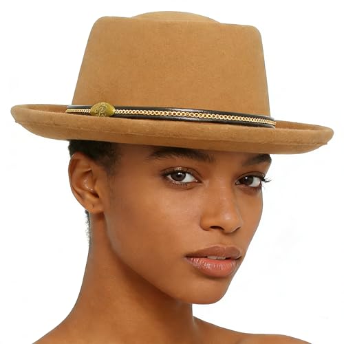 Unisex Felt Fedora with Gold Chain Band Men's Classic Pork Pie Hat Retro Gentleman Style for Daily & Formal Wear - color: Camel