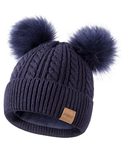 FISFET Beanies Women with Double Pom Pom, Winter Hats for Women Cold Weather Warm Knit Fleece Lined, Cute Beanie Cap - color: Navy