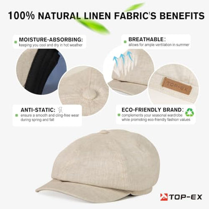 XL XXL Oversized 8 Panel Natural Linen Flat Cap Newsboy Hat Lightweight Summer Cooling Golf Outdoor Eco-Friendly - color: Beige(elastic), size: Large-X-Large