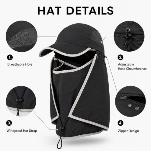 HUAMULAN Women Wide Brim Sun Hat Ponytail UV Protection Visor Fishing Cap - color: Black With Foldable Visor
