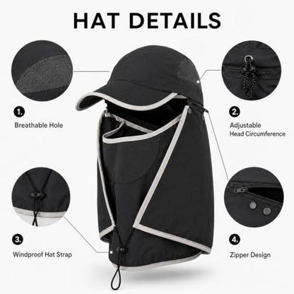 HUAMULAN Women Wide Brim Sun Hat Ponytail UV Protection Visor Fishing Cap - color: Black With Foldable Visor