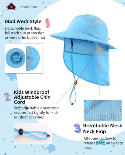 Home Prefer UPF 50+ Boys Sun Hat with Neck Flap Wide Brim Summer Beach Bucket Hat for Boys Girls Toddler Kids Safari Hat - color: Aqua Blue